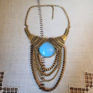 Vintage Gold Tone Chain & Blue Stone Bib Necklace